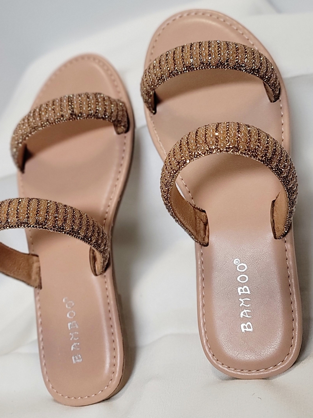 Bamboo Women's Tan Double-Strap Slide Sandals